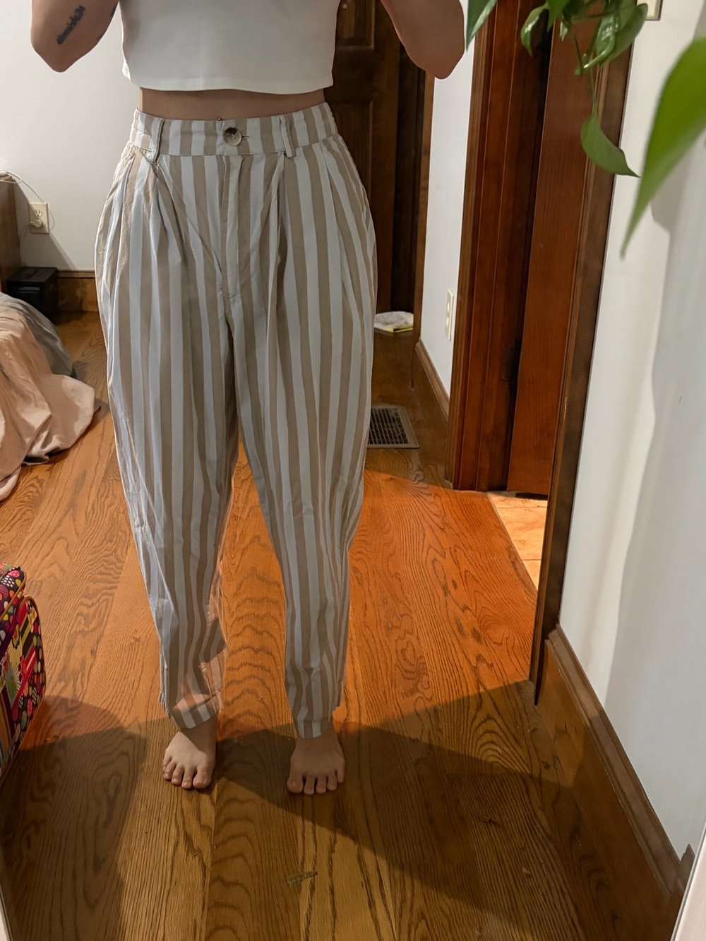 Urban Outfitters High-Waist Striped Relaxed Pants in Beige & White
